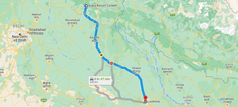 Distance from Alaya Resorts to Lucknow
